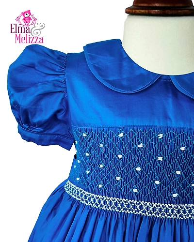 Royal Blue Hand Smocked Hand Embroidered Baby Girl Dress for Weddings, Birthdays, Family Gatherings &amp; Timeless Holiday Photoshoots-EMD26-D-1