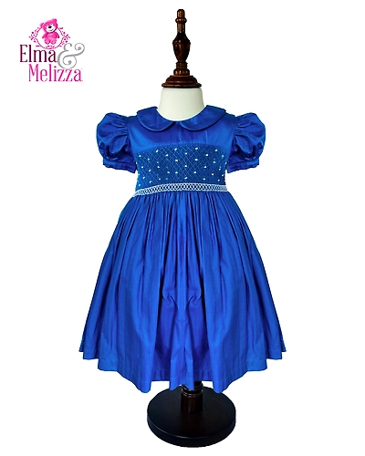 Royal Blue Hand Smocked Hand Embroidered Baby Girl Dress for Weddings, Birthdays, Family Gatherings &amp; Timeless Holiday Photoshoots-0 - 12 Months-1