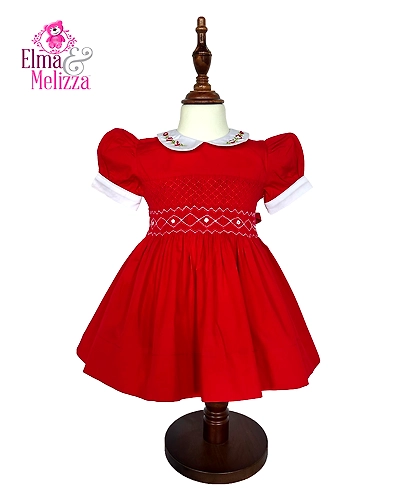 Royale Red Hand Smocked Embroidered Baby Girl Dress with White Rose Accents – Perfect for Weddings, Birthdays &amp; Festive Celebrations-0 - 12 Months-1