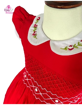 Royale Red Hand Smocked Embroidered Baby Girl Dress with White Rose Accents – Perfect for Weddings, Birthdays & Festive Celebrations