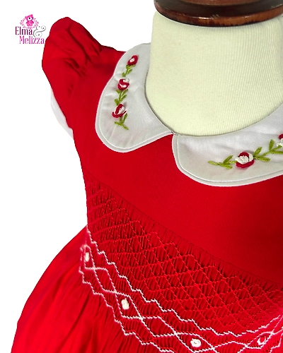 Royale Red Hand Smocked Embroidered Baby Girl Dress with White Rose Accents – Perfect for Weddings, Birthdays &amp; Festive Celebrations-EMD34-D-1