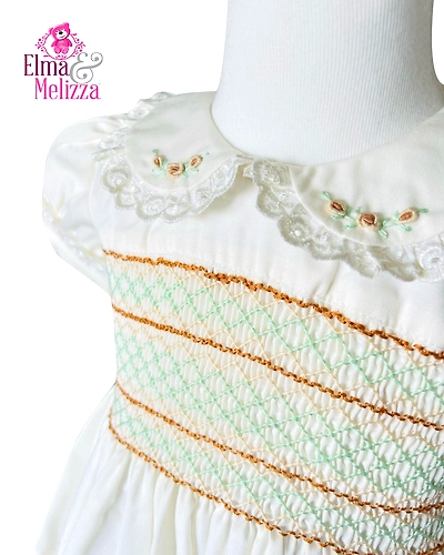 Creamy White Hand Smocked Embroidered Baby Girl Dress with Peter Pan Collar &amp; Lace - Timeless Celebrations-EMD46-D-1
