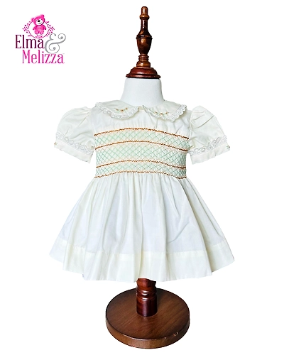 Creamy White Hand Smocked Embroidered Baby Girl Dress with Peter Pan Collar &amp; Lace - Timeless Celebrations-0 - 12 Months-1