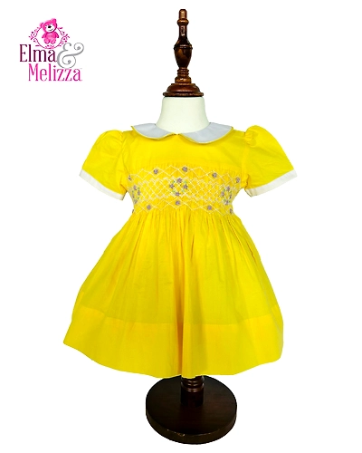 Canary Yellow Hand Smocked Embroidered Baby Girl Dress with Purple Roses – Perfect for Birthdays, Weddings &amp; Memorable Celebrations-0 - 12 Months-1