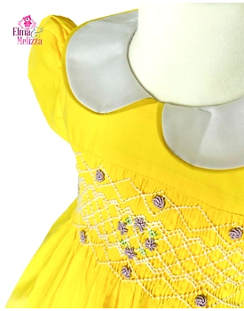 Canary Yellow Hand Smocked Embroidered Baby Girl Dress with Purple Roses – Perfect for Birthdays, Weddings & Memorable Celebrations