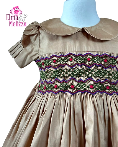 Sandy Bloom Smocked Dress: Hand-Embroidered Rose Garden Elegance for Your Little Princess's Cherished Celebrations-EMD22-D-1