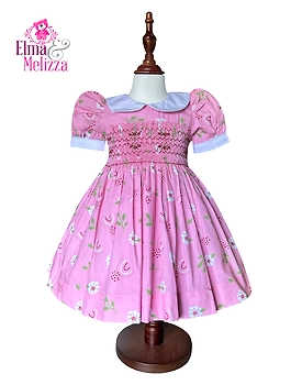 Pink, White Floral Hand Smocked Embroidered Baby Girl Dress with Dark Pink Roses – Ideal for Weddings, Birthdays & Photoshoot Celebrations
