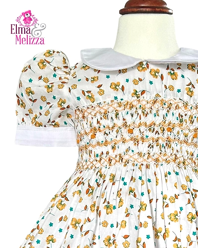 Yellow Floral White Hand Smocked Embroidered Baby Girl Dress with Yellow Details – Perfect for Birthdays, Weddings &amp; Cherished Celebrations-0-12 Months-1