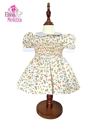 Yellow Floral White Hand Smocked Embroidered Baby Girl Dress with Yellow Details – Perfect for Birthdays, Weddings &amp; Cherished Celebrations-EMD47-1