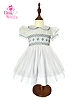 Hand-Smocked White Baby Girl Dress with Blue Rose Embroidery – Elegant Cotton Outfit for Birthdays, Weddings & Special Family Celebrations
