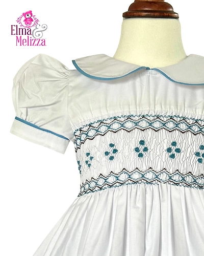 White Rosebud Dreams: Hand-Smocked Embroidered Baby Girl Dress for Timeless Photoshoots, Cherished Celebrations-EMD48-D-3