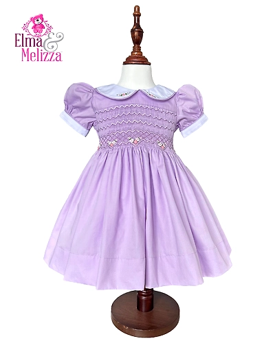 Hand-Smocked Purple Baby Girl Dress with Rose Embroidery – Elegant Handmade Outfit for Weddings, Birthdays &amp; Cherished Family Celebrations-EMD50-1