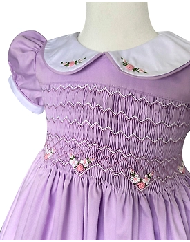 Purple Hand-Smocked Baby Girl Dress with Rose Embroidery – Elegant Handmade Outfit for Weddings, Birthdays & Cherished Family Celebrations