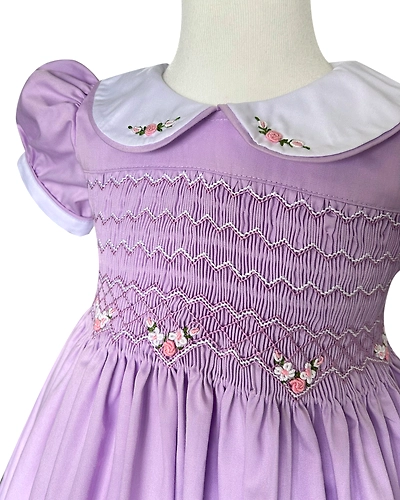 Hand-Smocked Purple Baby Girl Dress with Rose Embroidery – Elegant Handmade Outfit for Weddings, Birthdays &amp; Cherished Family Celebrations-0 - 12 Months-1