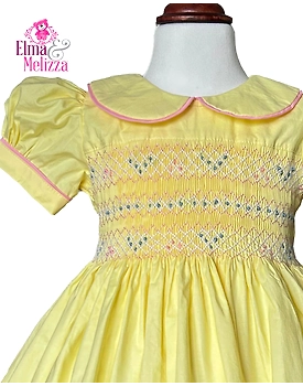 Sunshine Blossom Hand-Smocked Yellow Baby Girl Dress with Blue & Pink Rose Embroidery for Birthdays, Weddings & Special Celebrations