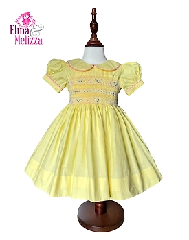 Sunshine Blossom Hand-Smocked Yellow Baby Girl Dress with Blue & Pink Rose Embroidery for Birthdays, Weddings & Special Celebrations