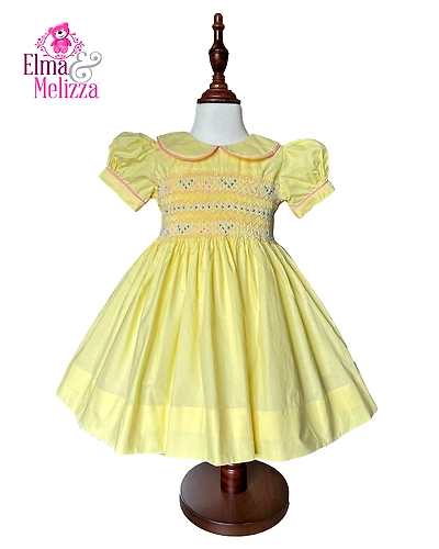 Sunshine Blossom Hand-Smocked Yellow Baby Girl Dress with Blue &amp; Pink Rose Embroidery for Birthdays, Weddings &amp; Special Celebrations-EM0012D51