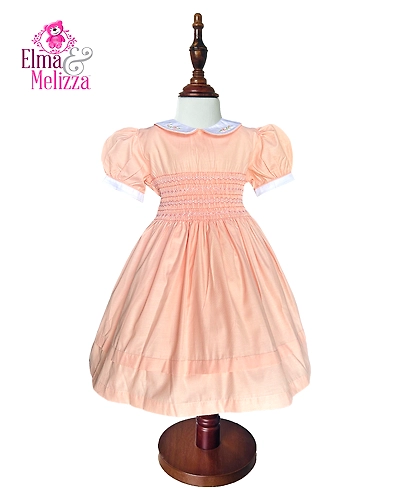 Orange Blossom Elegance Girl Hand-Smocked Baby Dress with Embroidered Roses – Perfect for Birthdays, Weddings &amp; Holiday Photoshoots-EM0607D49