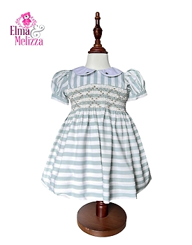 Gray Whisper Hand-Smocked Embroidered Baby Girl Dress with Stripes, Peter Pan Collar & Puffed Sleeves for Birthdays & Wedding Celebrations