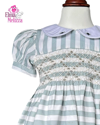 Gray Whisper Hand-Smocked Embroidered Baby Girl Dress with Stripes, Peter Pan Collar &amp; Puffed Sleeves for Birthdays &amp; Wedding Celebrations-0 - 12 Months-1