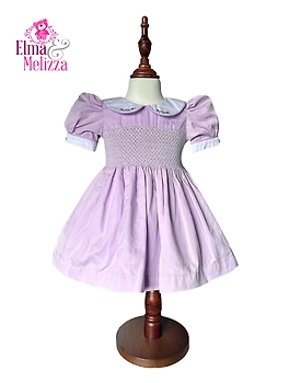 Purple Petal Charm – Hand-Smocked Embroidered Baby Girl Dress with Blue Roses for Birthdays, Weddings & Photoshoots