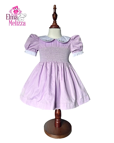 Purple Petal Charm – Hand-Smocked Embroidered Baby Girl Dress with Blue Roses for Birthdays, Weddings &amp; Photoshoots-EM0012D53