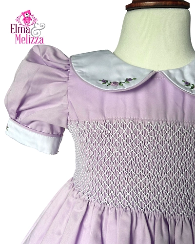 Purple Petal Charm – Hand-Smocked Embroidered Baby Girl Dress with Blue Roses for Birthdays, Weddings &amp; Photoshoots-0 - 12 Months-1