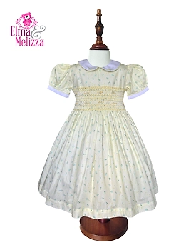 Pastel Yellow with Blue Floral Print & Embroidered Flowers Hand-Smocked Baby Girl Dress – Perfect for Weddings, Birthdays & Photoshoots