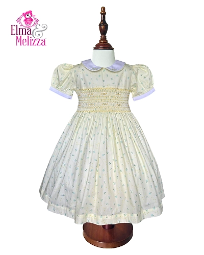 Pastel Yellow with Blue Floral Print &amp; Embroidered Flowers Hand-Smocked Baby Girl Dress – Perfect for Weddings, Birthdays &amp; Photoshoots-EM0708D54