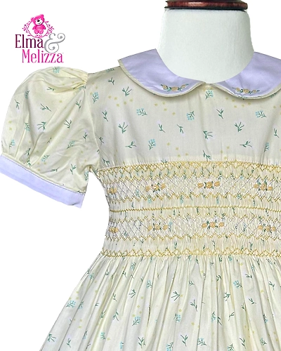 Pastel Yellow with Blue Floral Print &amp; Embroidered Flowers Hand-Smocked Baby Girl Dress – Perfect for Weddings, Birthdays &amp; Photoshoots-7 - 8 Years-1