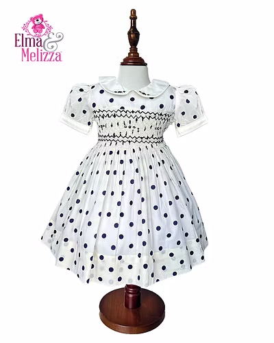 Creamy White &amp; Black Dots Hand-Smocked Embroidered Baby Girl Dress – Timeless Elegance for Weddings, Birthdays &amp; Special Occasions-EM0506D59