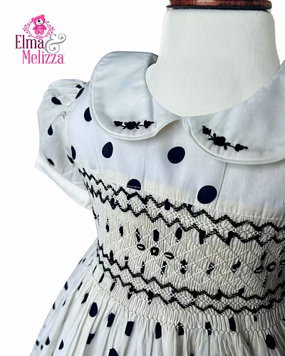 Creamy White &amp; Black Dots Hand-Smocked Embroidered Baby Girl Dress – Timeless Elegance for Weddings, Birthdays &amp; Special Occasions-5 - 6 Years-1