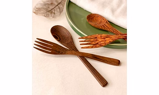 COCONUT WOOD SPOON, FORK, KNIFE SET