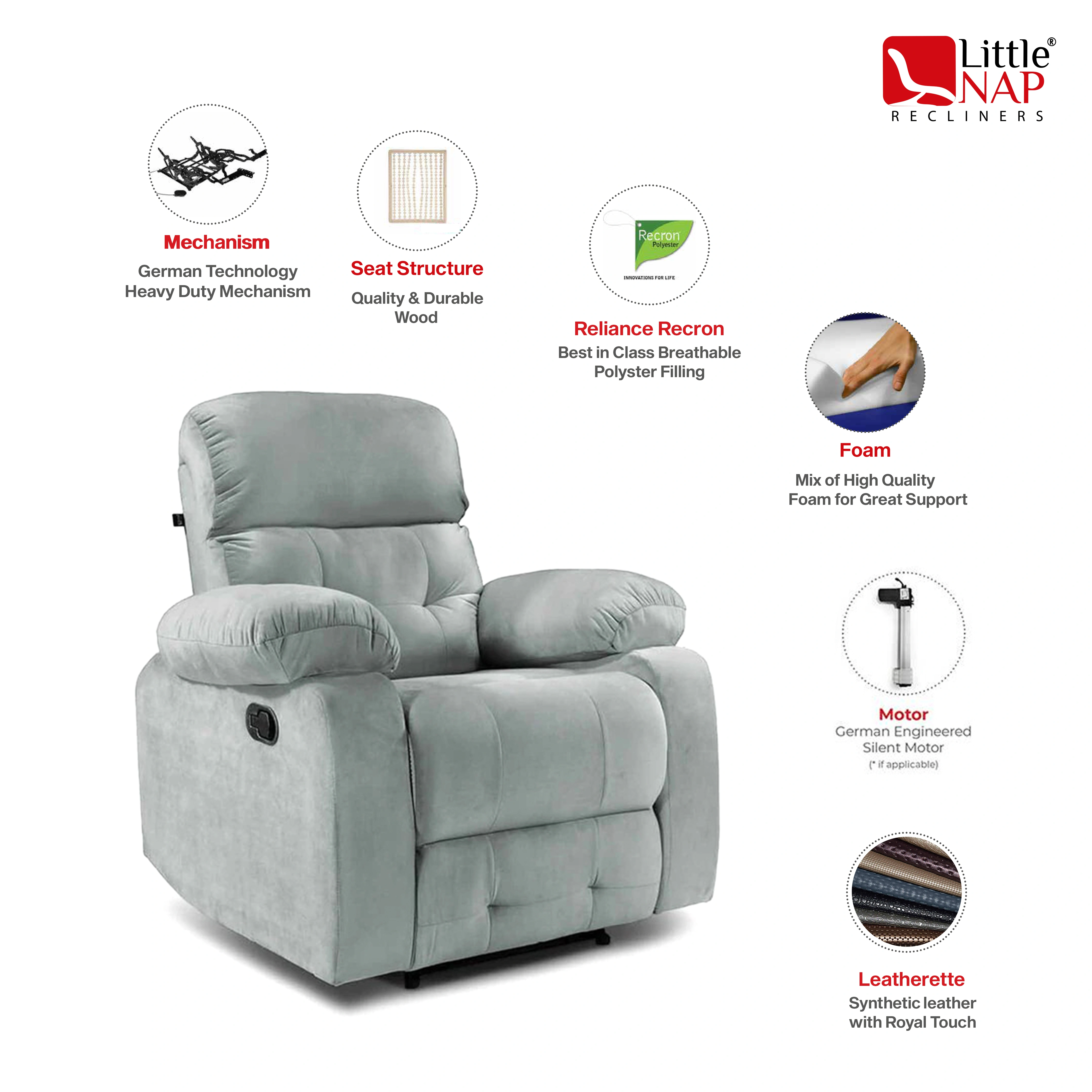 Avion Manual Single Seater Recliner for home relax 1 Year Warranty (Grey)-5