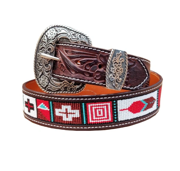 WESTERN TOOLED BEADED 40MM LEATHER BELT 