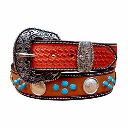western tooled beaded 40mm leather belt