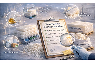 Quality inspection of paraffin wax for import showing wax packaging, testing standards, and export-r