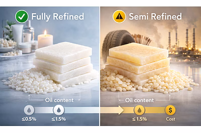Comparison of fully refined and semi refined paraffin wax showing purity, color, and industrial appl