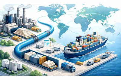 Hero image showing paraffin wax export from India with packaged wax, cargo containers, and port logi