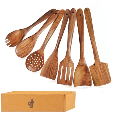HATHKAAM Wooden Spoons and Spatula Sets of 7 Sheesham Wood Healthy Hygienic Cooking and Serving Handcrafted from High Moist Resistance for Non-Stick Cookware | KW001