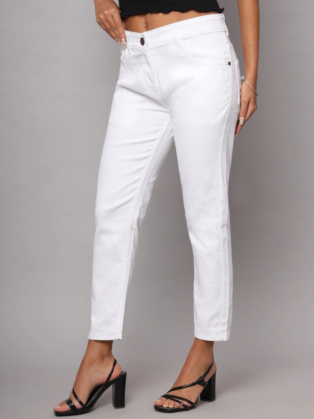 Women Slim Straight Fit White Jeans-2