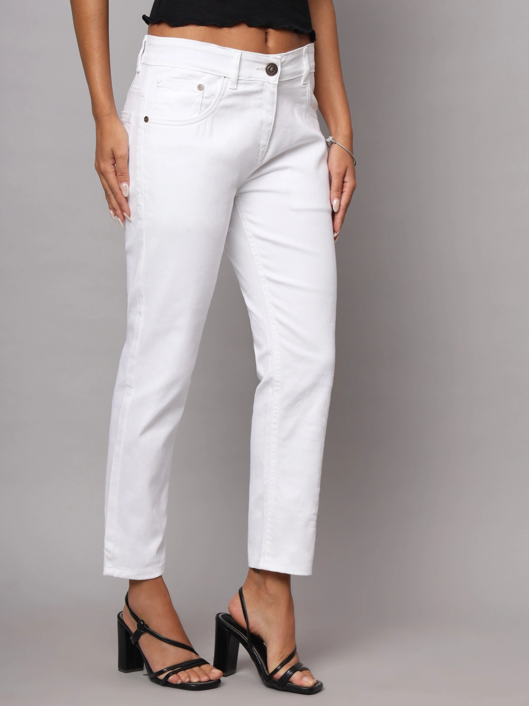 Women Slim Straight Fit White Jeans-3