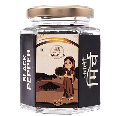FKB Spices Premium Black Pepper (काली मिर्च) - 50g in Eco-Friendly Glass Jar - Sourced from Malabar, Kerala-12335818
