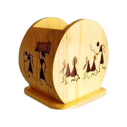 ornate india wooden round pen stand with warli art – desk organizer