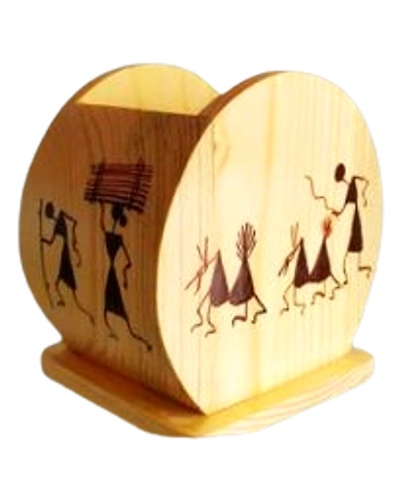 Handcrafted Wooden Round Pen Stand with Warli Paintings-12656687