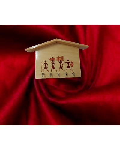 Handcrafted Wooden Key Holder with Warli Tribal Art-1