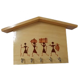 ornate india wooden key holder with warli art – wall decor organizer