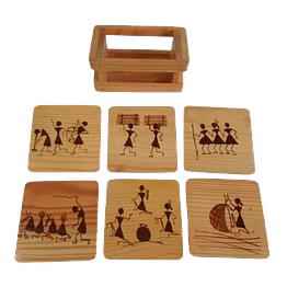 ornate india wooden tea coasters set with warli art – table decor & gifting