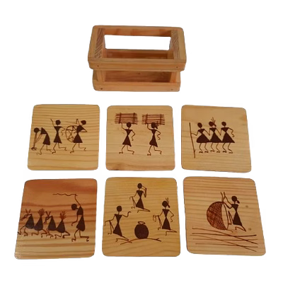 ornate india wooden tea coasters set with warli art – table decor & gifting