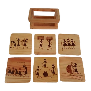 Handcrafted Wooden Tea Coasters with Tribal Art- Set of 6 Pieces
